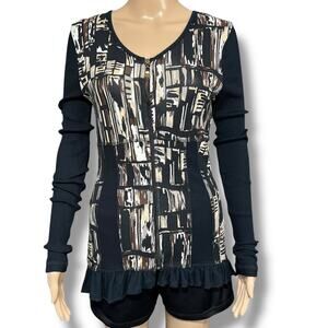 Dolcezza Womens Shirt Top Full Zip Long Sleeve Ribbed Ruffled Hem Black Brown S